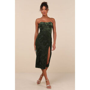 Lulus Enchantingly Chic Dark Green Velvet Burnout Strapless Midi Dress - Size L
